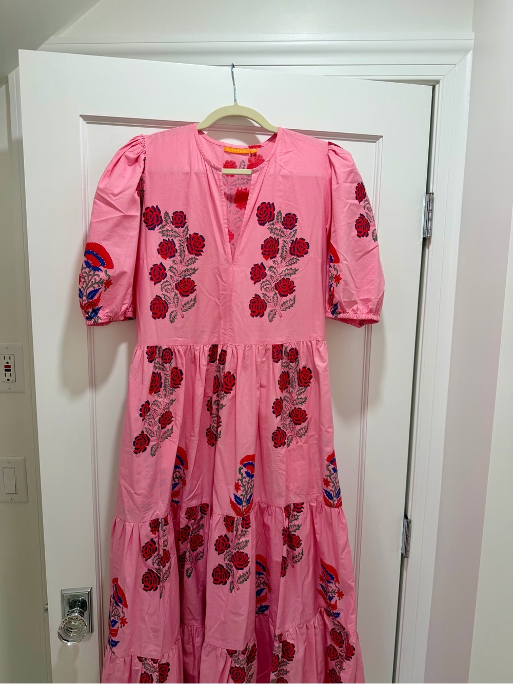 Oliphant Pink Maxi Dress with Red Floral Embroidery